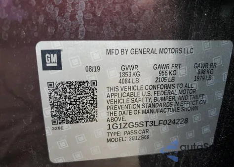 2020 Chevrolet Malibu Rs из США, поврежденный, VIN 1G1ZG5ST3LF024228